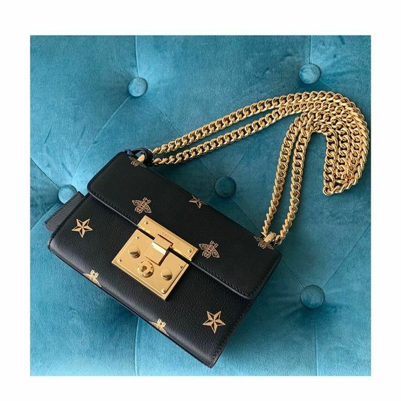 Gucci Black Bee Gold Star Padlock Italy Top Handle Small Leather Handbag Bag New - Picture 1 of 5